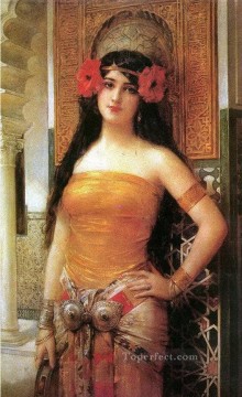 Arab Painting - beautiful Arabian girl with red flowers woman